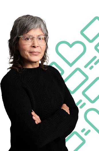 Woman in Black Sweater Clipped Heart Pattern 2A Woman in black sweater with glasses against heart and phone pattern