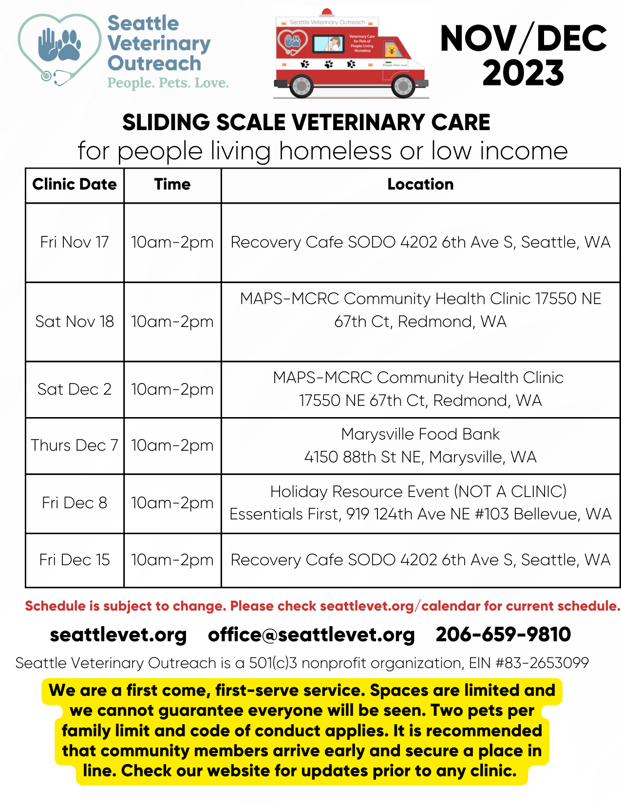 Seattle Veterinary Outreach Calendar Nov/Dec 2023