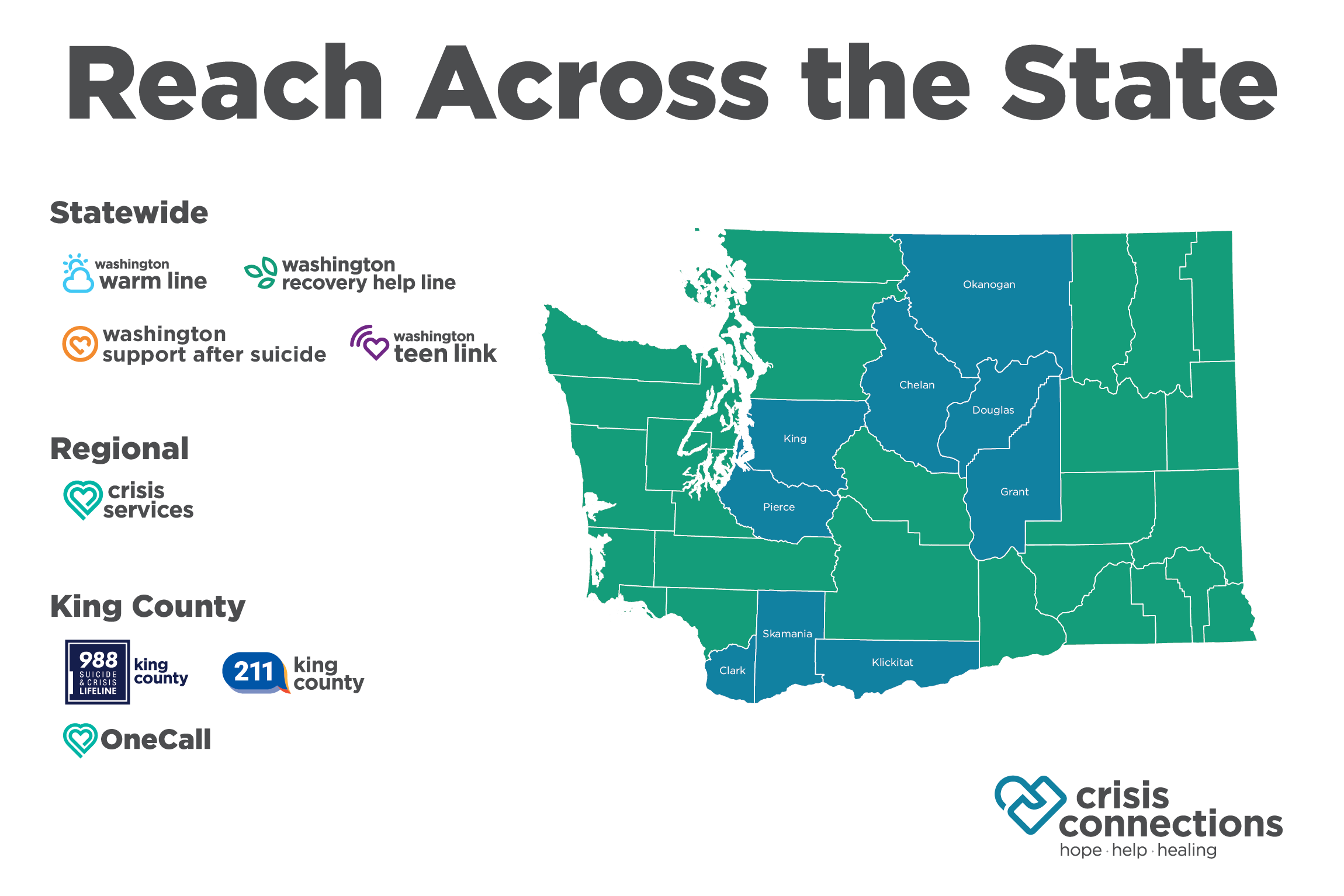 Reach Across the State map featuring the counties and regions served by Crisis Connections programs